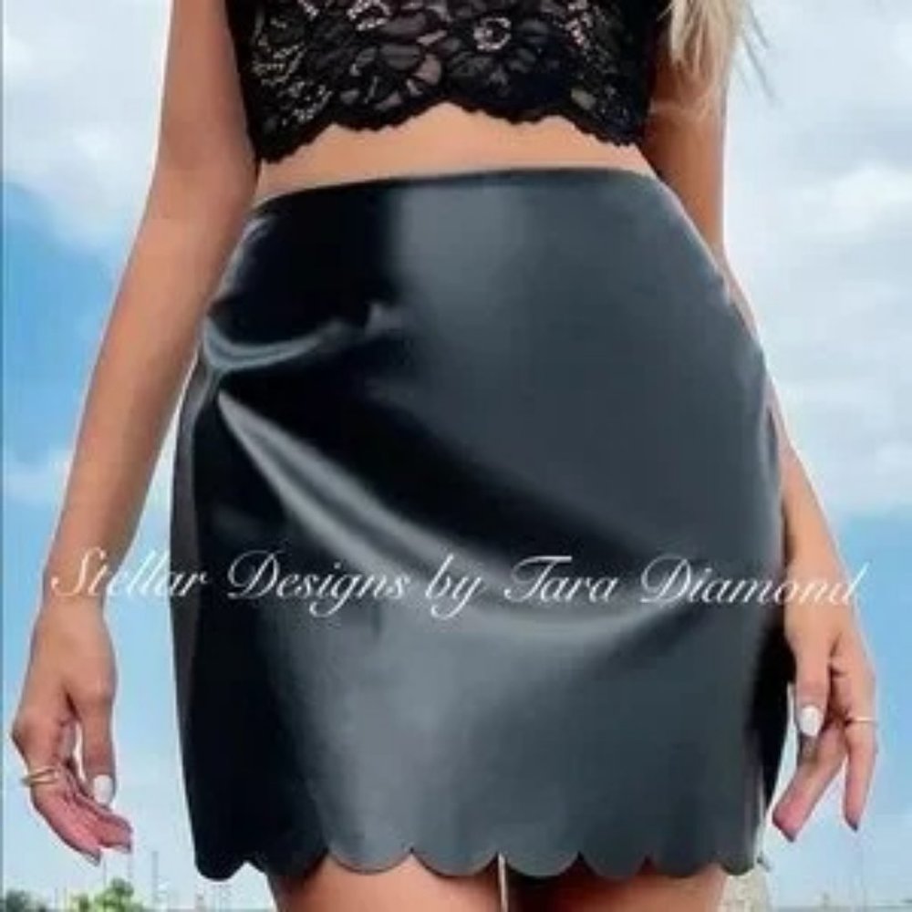 NWT Stellar Black Vegan Leather Scalloped Skirt